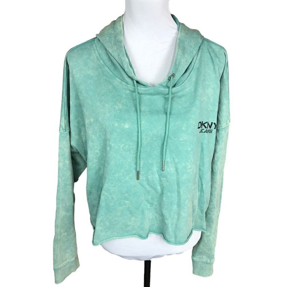 DKNY Hoodie Pullover Cropped Green Yellow Tie Dye Left Chest Logo Drawstring XL